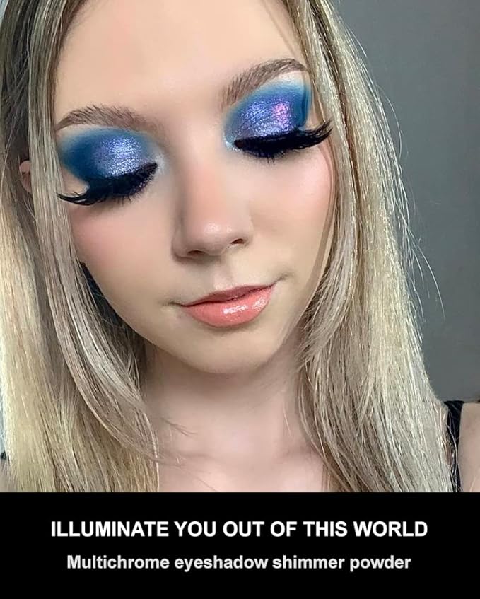 Afflano Holographic Eyeshadow Glitter, Color Change Multichrome Eyeshadow Silver Blue Shimmer Metallic Eye Makeup, Sparkling Pigment Chameleon Duo Chrome Eye shadow for Blue Eye Makeup