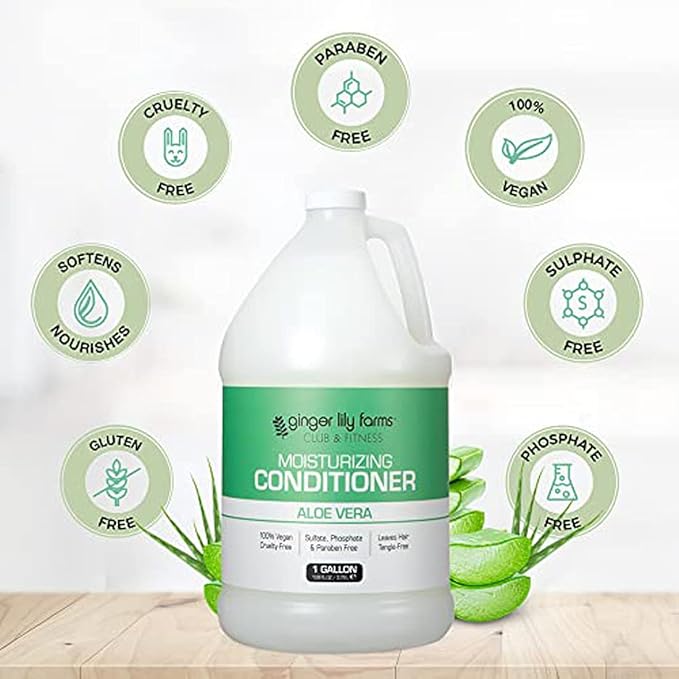 Ginger Lily Farms Club & Fitness Moisturizing Conditioner for Dry Hair, 100% Vegan & Cruelty-Free, Aloe Vera Scent, 1 Gallon (128 fl oz) Refill, white (Pack of 4)