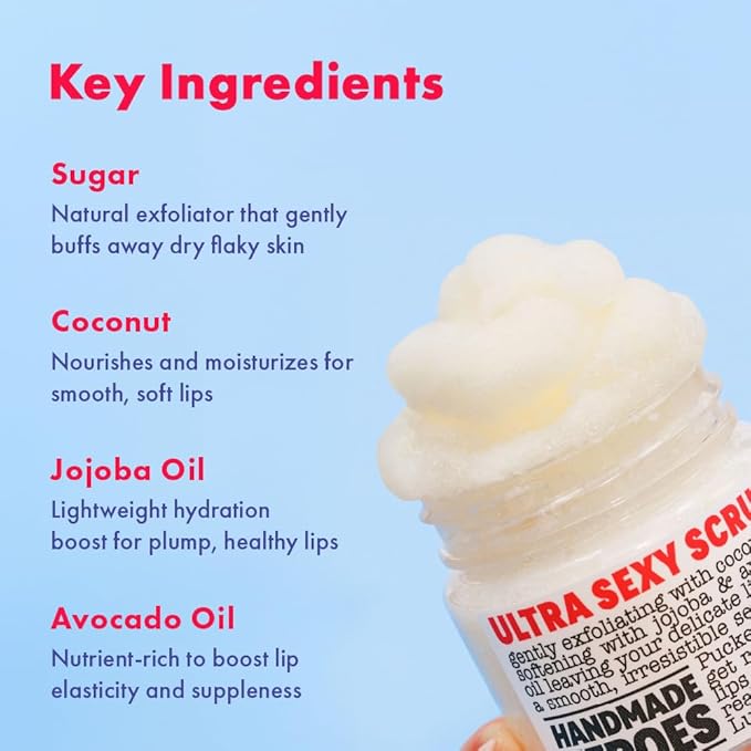 Handmade Heroes 100% Natural Lip Scrub, Vegan Conditioning Coconut Lip Exfoliator - Gentle Exfoliant, Ultra Sexy Sugar Lip Mask Polish and Scrubber for Chapped Dry and Dark Lips, 1oz (Coconut Sorbet)