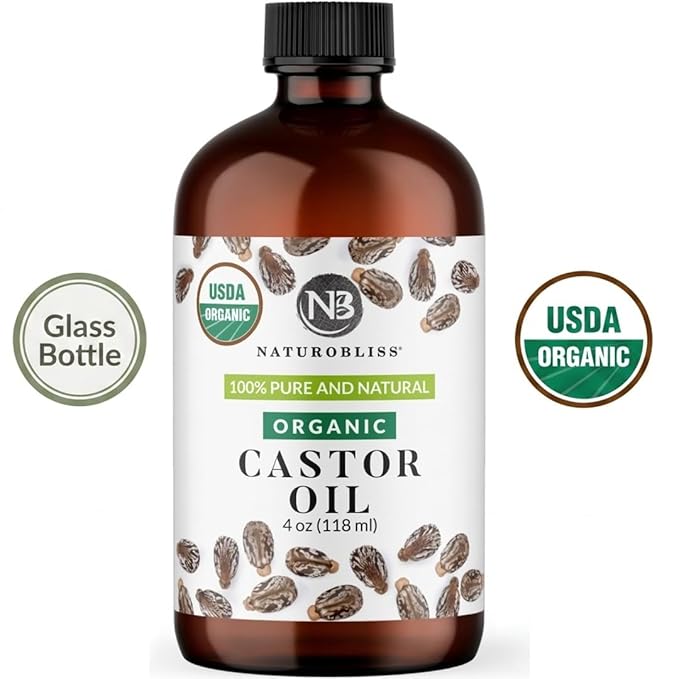 NaturoBliss Organic Castor Oil 4 Fl Oz | Glass Bottle | 100% Pure and Natural | Premium Grade Carrier Oil | Hair, Eyelashes and Eyebrows | Hair and Body | Cold-Pressed | Hexane-Free