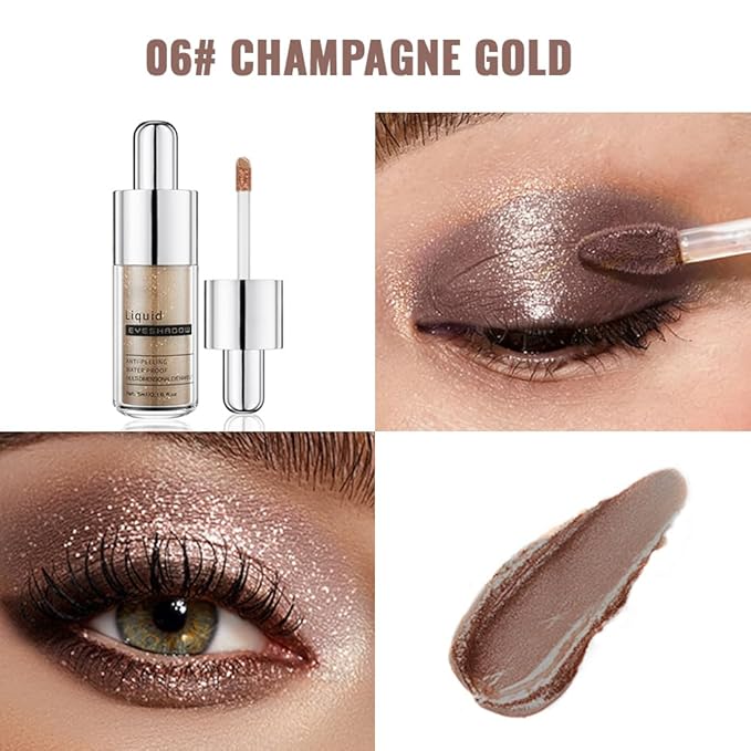 Champagne Gold Shimmer Liquid Eyeshadow, High Pigment Blendable Eye Makeup for Older Women, Long Lasting Lightweight Travel Friendly, Suitable for All Eye Shapes, Glitter Finish 06#