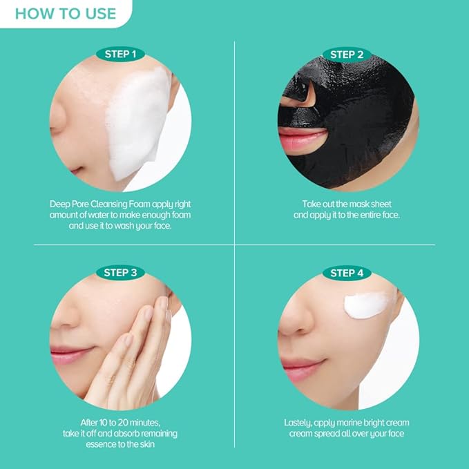 JMsolution Marine Luminous Black Pearl 3 Step Mask (10 Sets) | Bubble Cleanser + Black Sheet Mask + Finishing Cream | Oil & Moisture Balance Korean Skincare Set | K-Beauty Face Mask Kit