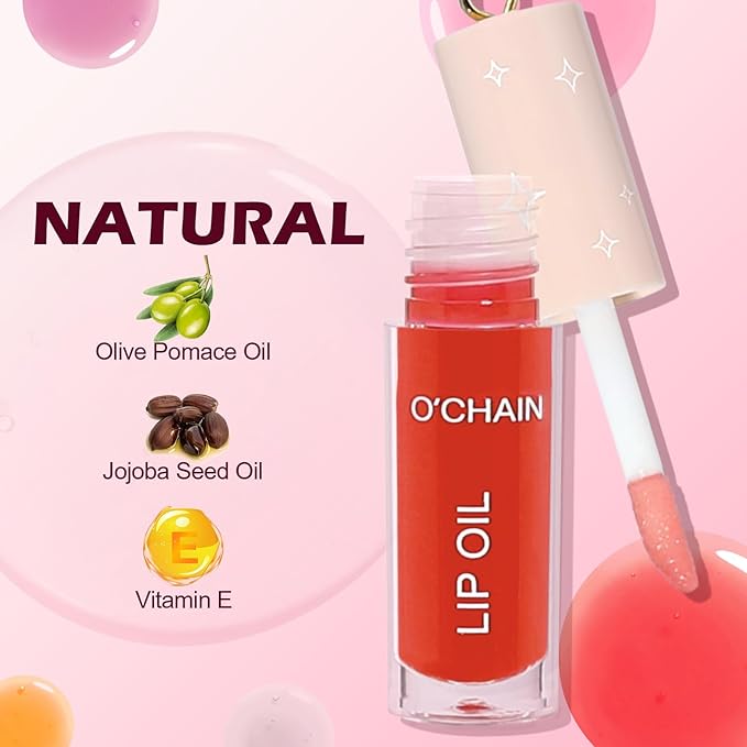 O'CHAIN 12 Colors Lip Oil Set with Portable Keychain, High Shine & Moisturizing, Long Lasting Wear, Deep Hydrating Nourishing Lip Care and Repair Kit for Women and Girls