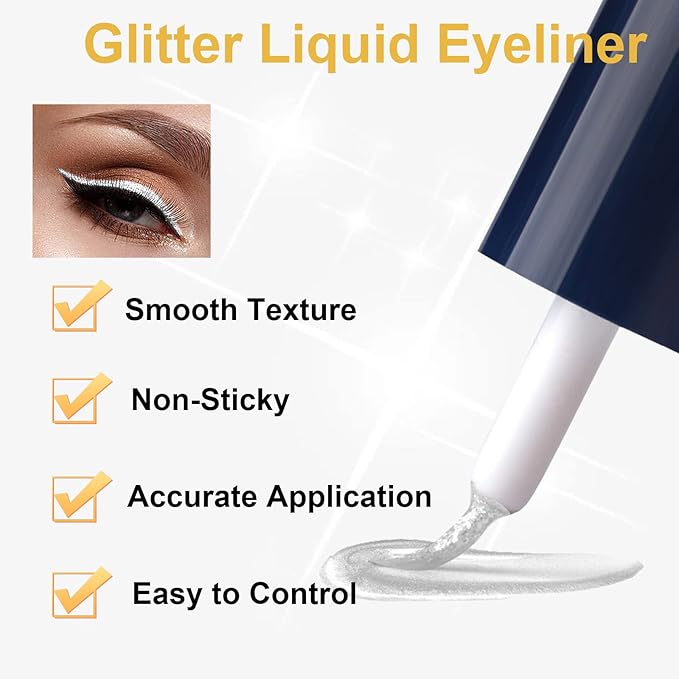 Liquid Glitter Eyeliner, Metallic Shimmer White Diamond Eye Liner Stick, Waterproof Long Lasting Quick Drying High Pigmented Sparkle Eyeshadow, Glitter Eyeliner for Eye Makeup