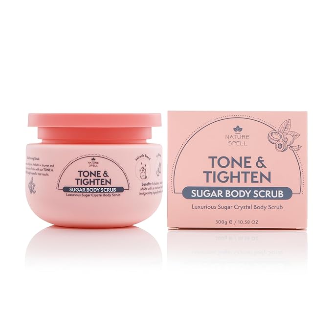 Nature Spell Tone & Tighten Sugar Body Scrub, Smooth and Radiant Exfoliating Body Scrub with Hyaluronic Acid, Ginseng Extract and Plant Collagen, For All Skin Types, 10.5 fl oz