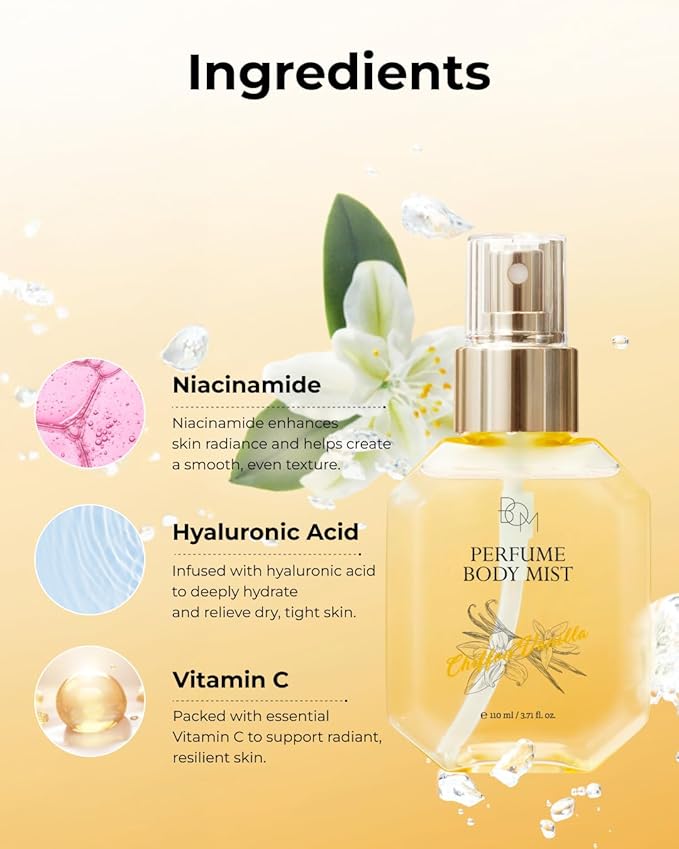 BOM Chiffon Vanilla Body Mist 3.71 Fl Oz, Vanilla Scented Fine Mist with Hyaluronic Acid, Niacinamide & Vitamin C, Hydrating, Lightweight, Korean Skincare