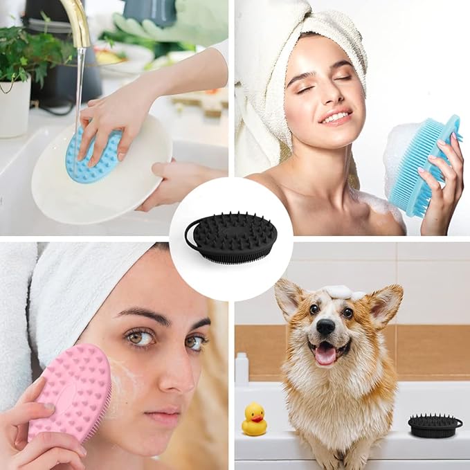 2 in 1 Silicone Body Scrubber Shampoo Brush, Shower Body Scrubber, Silicone Bath Scrubber,Exfoliating Body Scrubber, Scalp Massager, Silicone Loofah Body Scrubber,Rapid Foaming-3 Pack Black,Blue,Pink