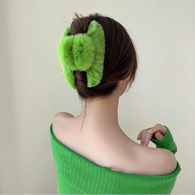 YOYLMAL Large Faux Fur Hair Claw Clip for Women, 5.1 Inches Winter Fluffy Fuzzy Hair Clips, Nonslip Strong Hold Furry Big Jaw Clamp for Thick Long Hair (Light Green)