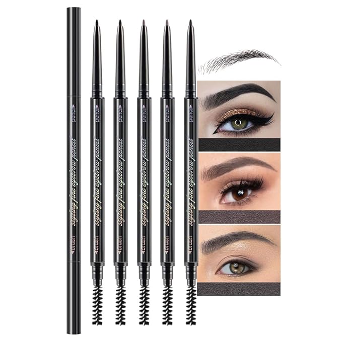 5 Pcs Dual-Sided Auto-rotate Ultra-Fine Tip Eye Brow Pencils Pack,Draws Tiny Precise Brow Makeup, Defines, Fills Brows, Shapes, Contours, Combs, ‌1mm Pen Point (2*Black+2*Tea+Gray)
