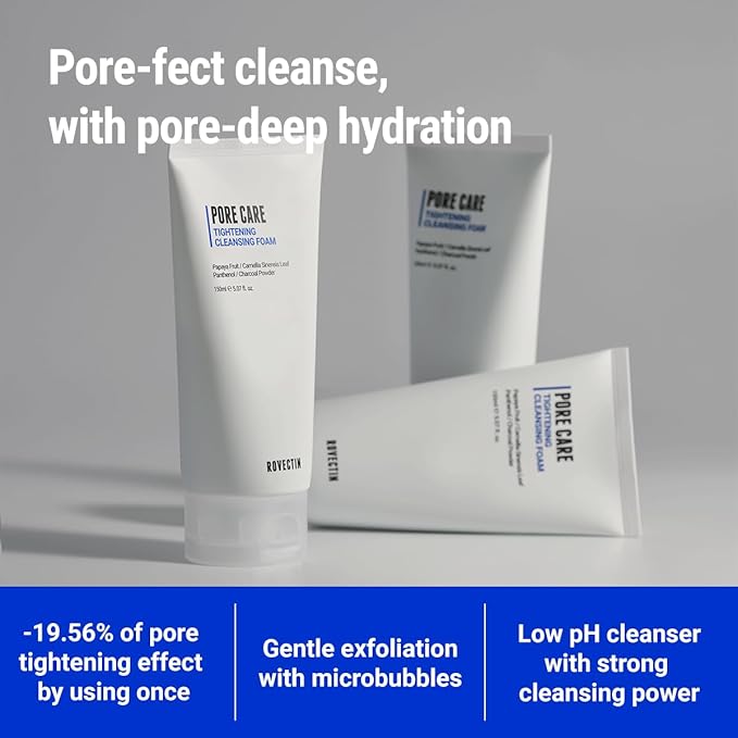 ROVECTIN Pore Tightening Cleansing Foam | Green Papaya, Glycerin, Charcoal Powder, AHA/BHA/PHA for Refining Pore Size, Non-Irritating | Oily, Dull Skin | Vegan (5.07 fl. oz.,150 ml)