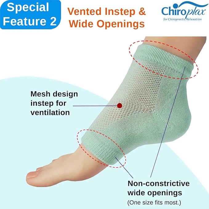 Chiroplax Vented Moisturizing Socks for Dry Cracked Heels Feet Treatment Gel Lined Spa to Repair Heal Soften Calluses Overnight, 2 Pairs (Mint)