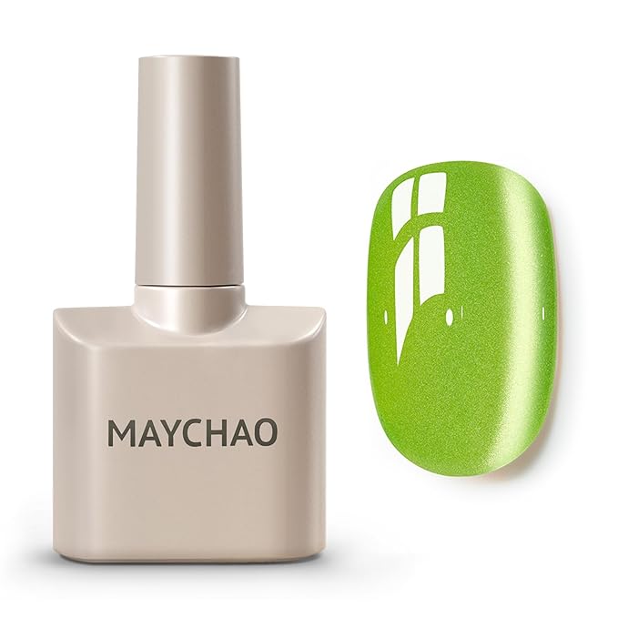 MAYCHAO 15ML Bright Green Cat Eye Gel Nail Polish 1Pc Green Grape Glitter Cat Eye Gel Polish Soak off Holographic Magnetic Nail Polish for Nail Art Manicure Salon DIY at Home, 0.5 OZ