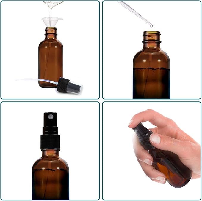 4 oz Amber Glass Spray Bottles for Essential Oils, Small Empty Fine Mist Spray Bottle,4 Pack with Funnel Dropper