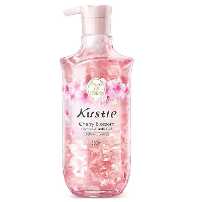 Kustie Cherry Blossom Body Wash with Real Flower Petals – Hydrating Shower Gel with Niacinamide & Hyaluronic Acid, Moisturizing Floral Cleanser for Dry & Sensitive Skin, Sakura Extract, 16.9 fl oz