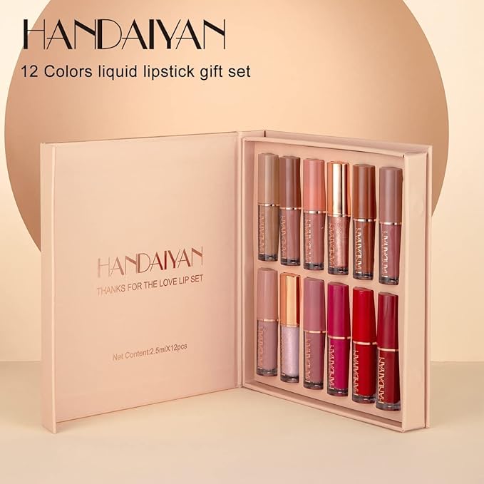12 Colors Matte & Glossy Liquid Lipstick Set – Book Style Gift Kit for Women & Girls – Long Lasting Waterproof Lip Gloss with Nude, Pink, Red Shades, Non-Sticky, Transfer-Proof Lip Stain (Set A)