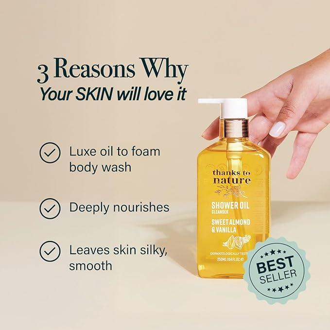 Shower Oil for Women with Sweet Almond and Vanilla, Luxe Oil Body Wash That Softens Skin, Cleansing Oil for Normal to Dry Skin, 8.45 fl oz