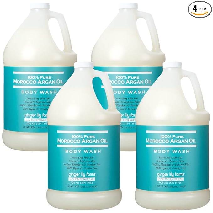 Ginger Lily Farms Salon Formula 100% Pure Morocco Argan Oil Body Wash for All Skin Types, 100% Vegan & Cruelty-Free, 1 Gallon Refill (Pack of 4)