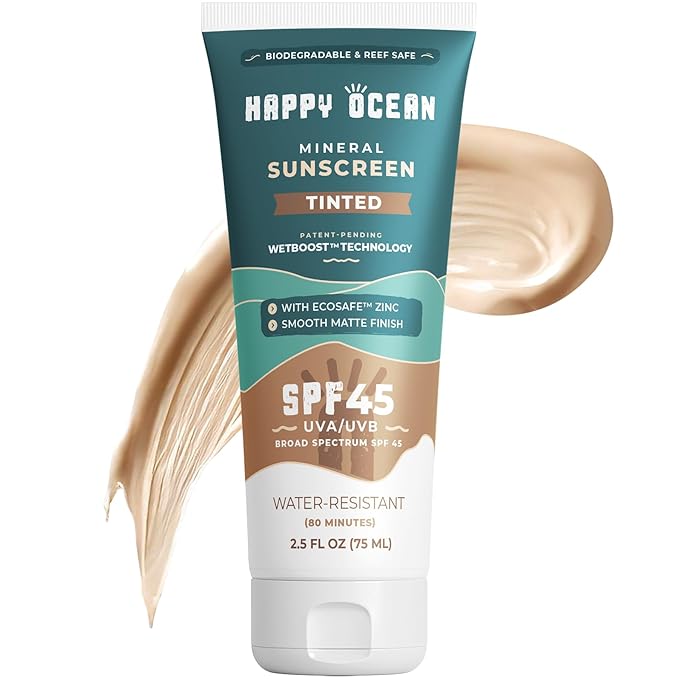 Happy Ocean Tinted Mineral Sunscreen SPF 45 – Reef Safe Zinc Oxide Face Sunscreen, Biodegradable, Natural Tint, Water Resistant, Travel Size 2.5 oz