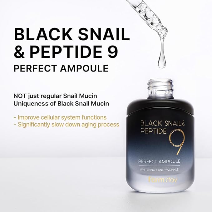 Farmstay Black Snail & Peptide9 Perfect Ampoule, Korean Snail Mucin Serum for Elastic & Glow Skin, Boosting Radiance & Repairing Skin Barrier Serum, for Women & Men, Korean Skin Care, 1.18 Fl. Oz.