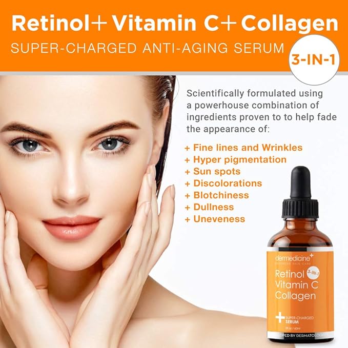 Retinol Vitamin C Collagen | Super Charged Anti-Aging Serum for Face | Pharmaceutical Grade Quality | Helps Smooth & Plump Fine Lines & Wrinkles & Brightens for Younger Skin | 2 fl oz / 60 ml
