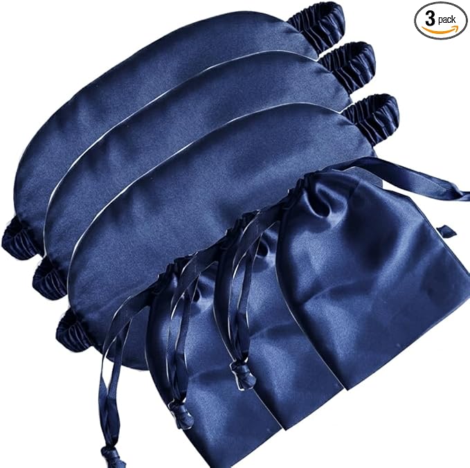 [3 Pack] QSYW Sleep Masks, Satin Eye Mask for Sleeping - Silky Eye Masks Bulk with Storage Bag & Elastic Strap, Dark Blue