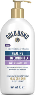 Gold Bond Healing Overnight Body & Face Lotion for Dry Skin, Nongreasy Moisturizer with Hyaluronic Acid, Aloe & Melatonin Works While You Sleep, 13 oz.