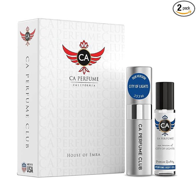 CA Perfume Duo Impression of Bold Numbers City of Lights For Women & Men Eau de Parfum Refillable Sprayer+ Fragrance Body Oil Roll-On Bottle 0.27 Fl Oz+0.33 Fl Oz