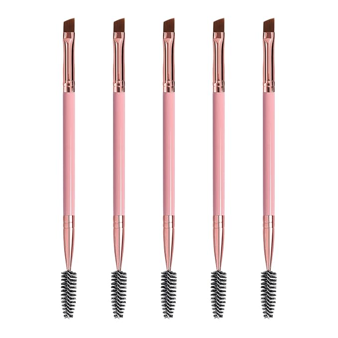 Duo Eyebrow Brush, Spoolie Brush and Angled Brow Brush Eyelash Brush for Eye Makeup. (5pcs, Pink)