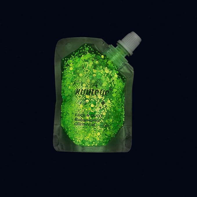 Face Body Glitter Gel Shimmer Makeup for Hair Clavicle Arm Nail Eyeshadow, Long Lasting Waterproof Holographic Mermaid Sequins for Outfit Rave Festival Party, 1.35oz, Luminous Green