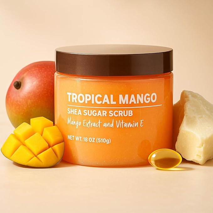 Exfoliating Shea Sugar Body Scrub with Tropical Mango Scent, 18 oz – Deep Cleansing & Moisturizing Natural Sugar Scrub for Smooth, Radiant Skin