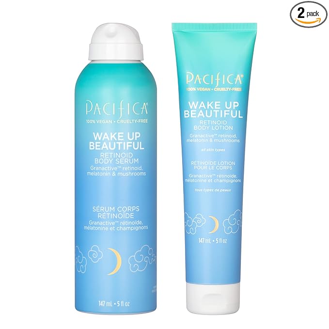 Pacifica Wake Up Beautiful Body Lotion & Serum Set of 2 – Overnight Body Treatment w/Granactive Retinoid, Mushroom & Melatonin, Hydrating Moisturizer Duo for Plumper Skin, Vegan & Cruelty-Free Clean