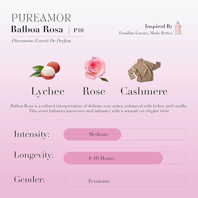 PUREAMOR Pheromone Perfume for Women, Balboa Rosa Extrait de Parfum - Long Lasting Romantic Floral Scent, 30% High Concentration, Full Size Fragrance Spray, 1.0 oz / 30 ml