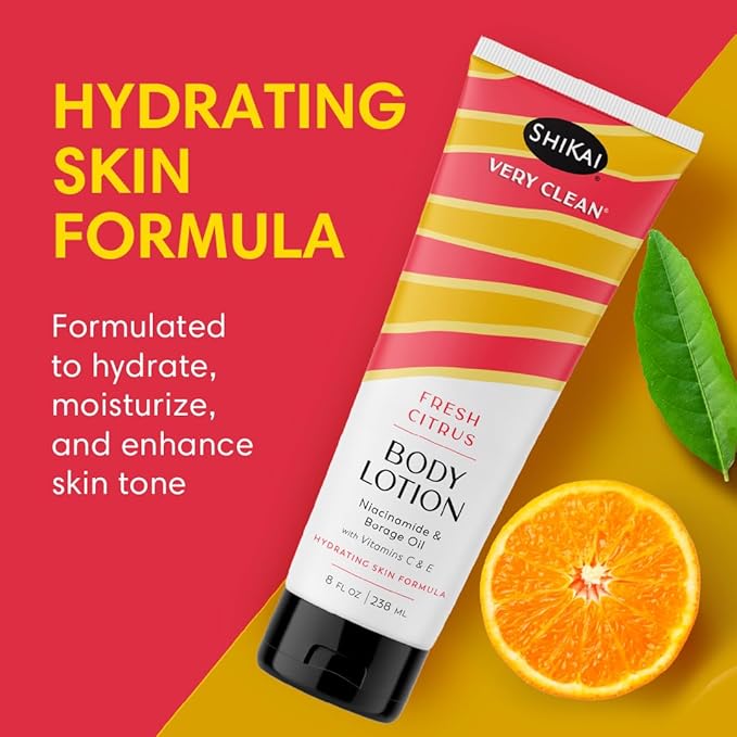 ShiKai Very Clean Body Lotion (Fresh Citrus, 8 oz) | Hydrating Skin Moisturizer for Dry Skin | With Niacinamide, Borage Oil, and Vitamin C & E