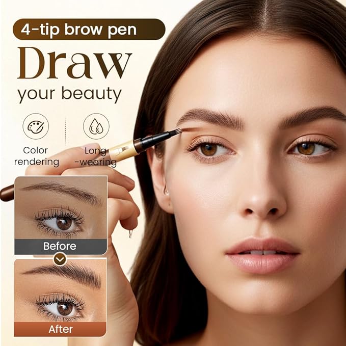 2Pcs 4-Tip Microblading Liquid Eyebrow Pen, Creates Natural Hair-Like Strokes, Waterproof Long-Lasting Smudge-Proof Brow Pen, Light Brown Eyebrow Pencil for Women (Black Brown)