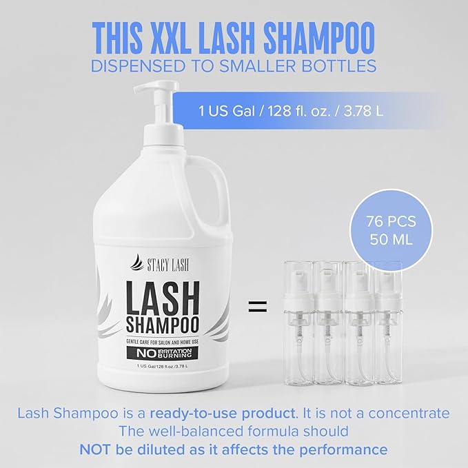 STACY LASH Eyelash Extension Shampoo 1US Gal / 128 fl.oz. / 3.78L / Eyelid Foaming Cleanser/Safe Wash for Extensions & Natural Lashes/Supplies for Professional & Home Use / 50 Aftercare Cards