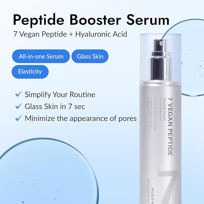 MIZON 7 Vegan Peptide Booster Serum | Korean Peptide Serum for Wrinkles, Pores & Hydration | Hyaluronic Acid Face Serum, Gentle Anti Aging for Sensitive Skin | 5.07 fl oz