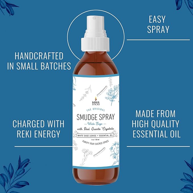 SOUL STICKS White Sage with Pearl Smudge Spray – 3.5oz Smokeless Energy Mist – Quartz Crystal & Pearl Infused Aura Cleanser – Spiritual Spray for Emotional Balance, Protection & Inner Peace