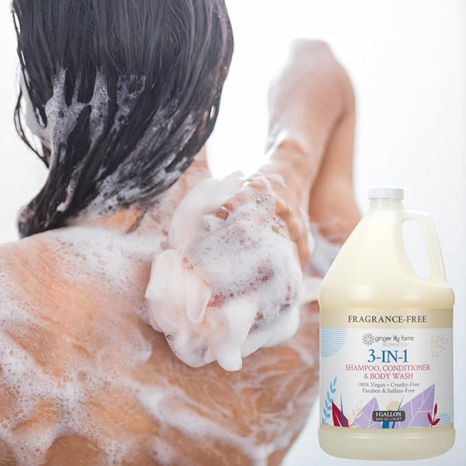 Ginger Lily Farms Botanicals 3-in-1 Shampoo, Conditioner & Body Wash, 100% Vegan & Cruelty-Free, Fragrance Free, 1 Gallon (128 fl oz) Refill