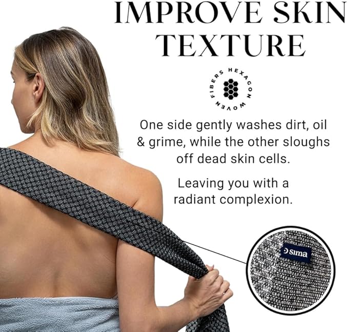Sima Brand Exfoliating Washcloth Face & Body Scrub Towel - Japanese Exfoliating Towel with Hexagon Fibers, Body Scrubber with 2 Sides for Scrubbing & Washing, Extra Long Body Towels (Black)