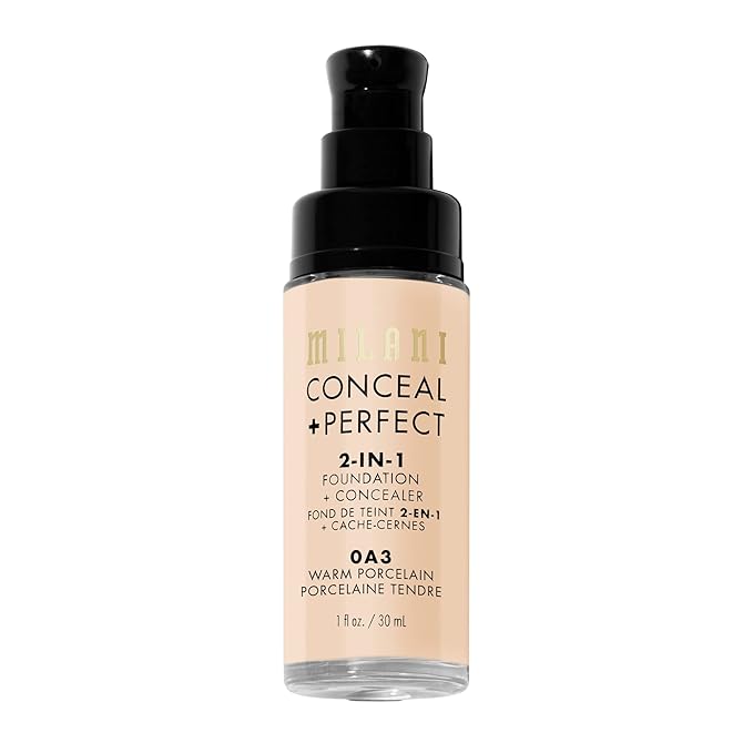 Milani Conceal + Perfect 2-in-1 Foundation + Concealer for a Flawless Complexion, Under Eye Corrector, Cover Redness and Imperfections, Waterproof and Sweatproof - 0A3-Warm Porcelain