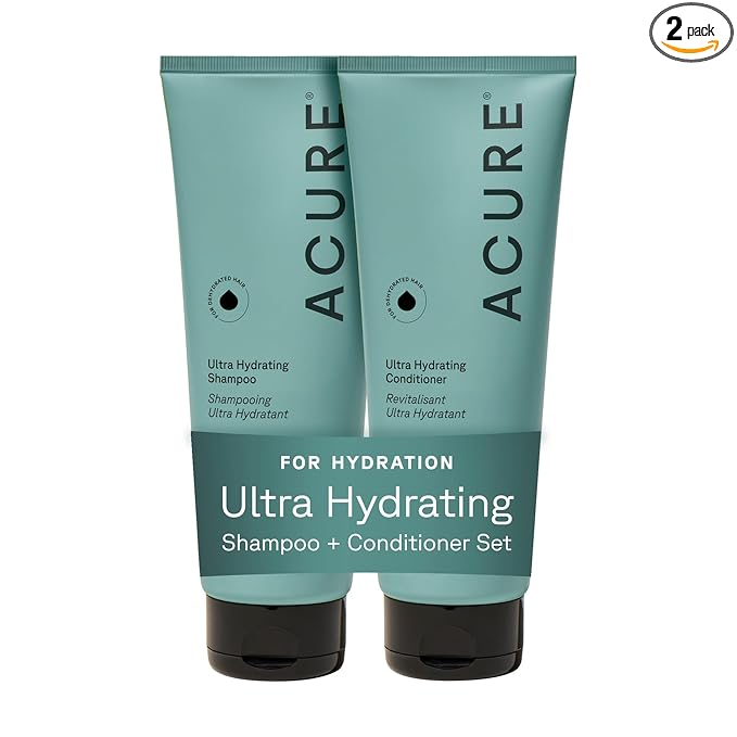 Acure Ultra Hydrating Shampoo and Conditioner Set - Moisturizing Set with Argan Oil for Women & Men with Dry, Damaged, Straight or Curly Hair, 100% Vegan, Paraben Free, Sulfate Free - 8 fl oz (2 Pack)
