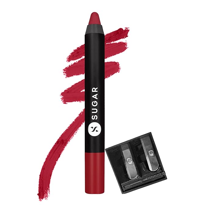 SUGAR Cosmetics Matte as Hell Crayon Lipsticks for Women Lasts Up To 8+ Hours Lip Crayon with Sharpener - 2.8 g (Pack of 1) 34 Cherry Ames