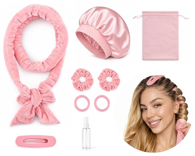 Velvet Heatless Hair Curler for Overnight Curls, No Heat Hair Curlers to Sleep in with Satin Bonnet and Clip Blowout Rods for Long Hair Curling Set - Pink