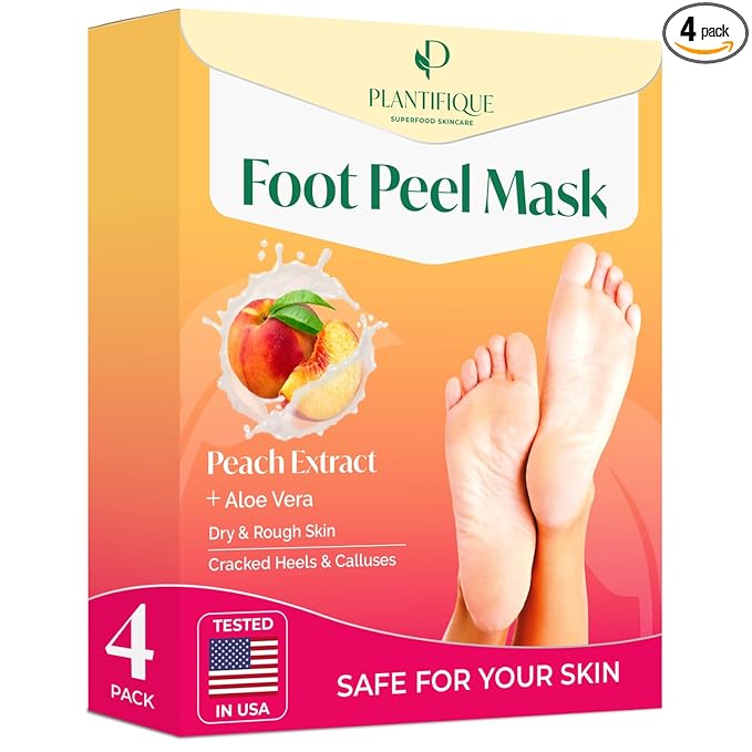 PLANTIFIQUE Foot Peeling Mask 4 Pack | Dermatologically Tested Repairs Heels & Removes Dry Dead Skin for Baby Soft Feet | Exfoliating Foot Peel Mask for Dry Cracked Feet | Peach