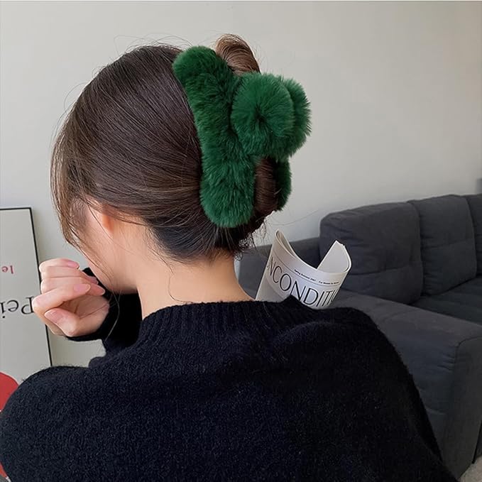 YOYLMAL Large Faux Fur Hair Claw Clip for Women, 5.1 Inches Winter Fluffy Fuzzy Hair Clips, Nonslip Strong Hold Furry Big Jaw Clamp for Thick Long Hair (Dark Green)