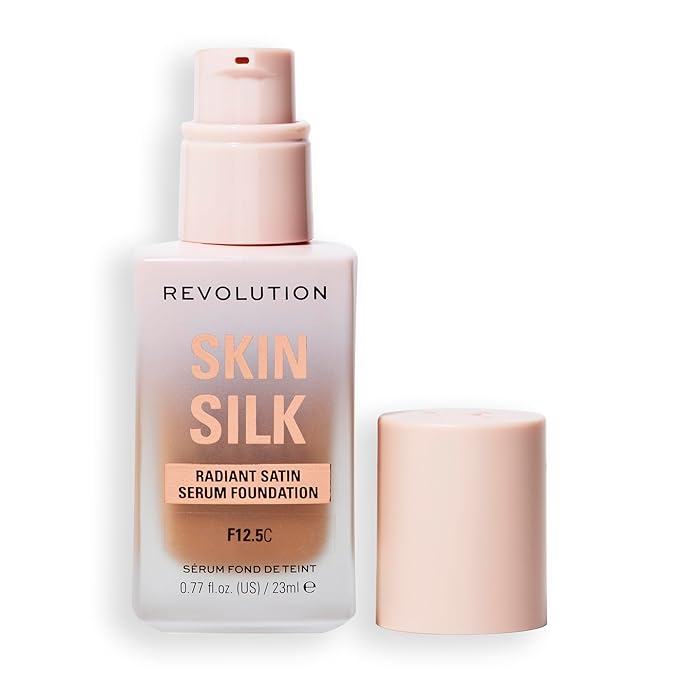 Revolution Skin Silk Radiant Satin Serum Foundation, Buildable Coverage with Hydrating Hyaluronic Acid for a Natural Finish, Vegan & Cruelty-Free, F12.5C Tan Skin Tones, 0.77 fl oz