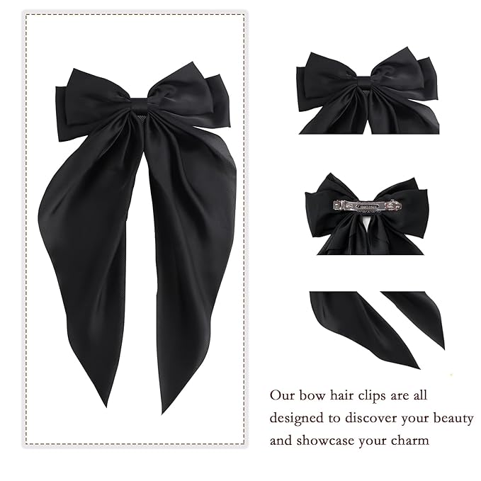 2Pcs Hair Bows For Women, Silky Ribbons Hair Women's Oversized Bow Metal Spring Clips Temperament Beautiful Hair Accessories Gift （Black, White, ）