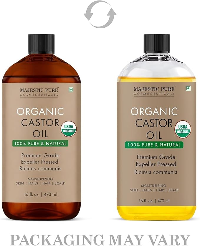 Majestic Pure Oil - 100% Pure and Natural- Cold Pressed & Hexane Free Natural Hair Growth Oil for Eyelashes, Eyebrows, Skin, Body, Face, Nails & Scalp - Organic Castor Oil 16 Fl Oz