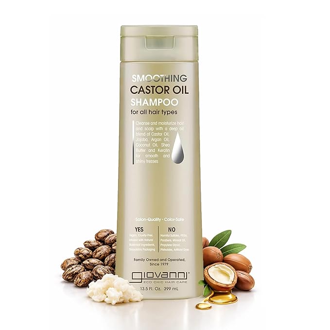 GIOVANNI Smoothing Castor Oil Shampoo - All Hair Types, Moisturize Hair & Scalp, Hydrate & Tame Frizz, Jojoba, Argan Oil, Coconut Oil, Shea Butter, Keratin - 13.5 oz