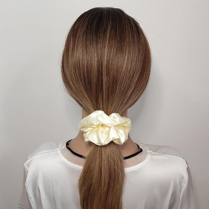 12 Pcs Satin Silk Scrunchies Soft Hair Ties Fashion Hair Bands Bow Ropes Elastic Bracelet Ponytail Holders Hair Accessories for Women and Girls (4.5 Inch, Light Yellow)